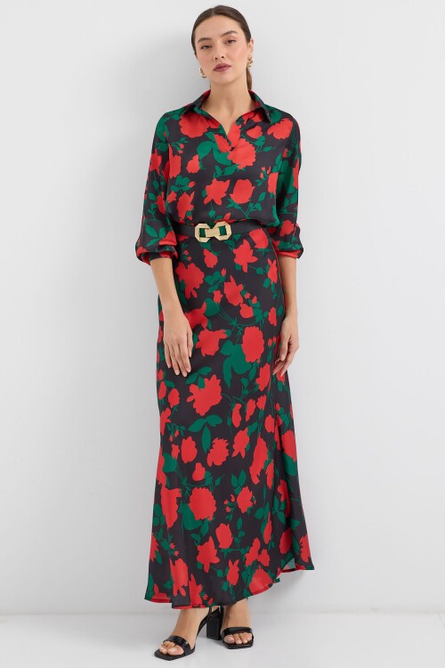 Merterium Kadın Siyah Kırmızı Desenli Saten İkili Takım 8018