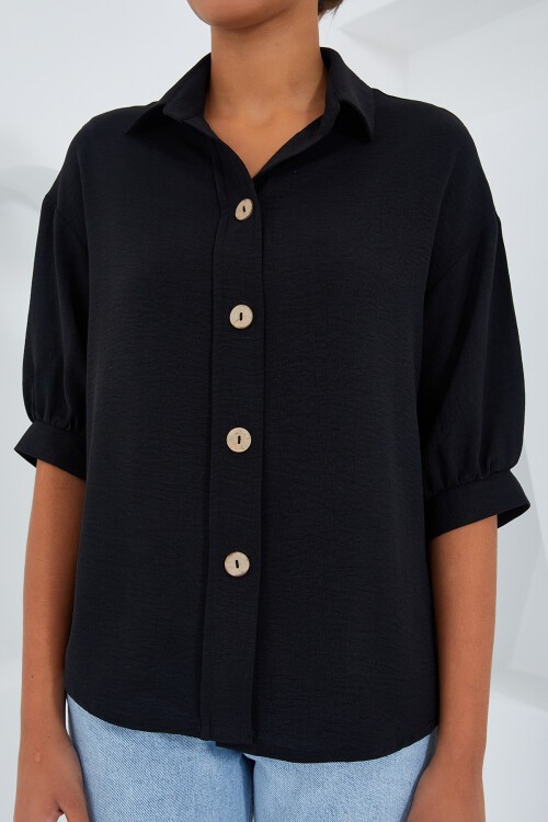 Merterium Kadın Siyah Kısa Kol Oversize Keten Gömlek 20240