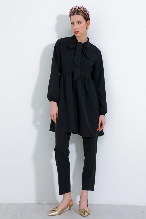 Merterium Kadın Siyah Örme Pantolon Tunik Alt Üst Takım 6654