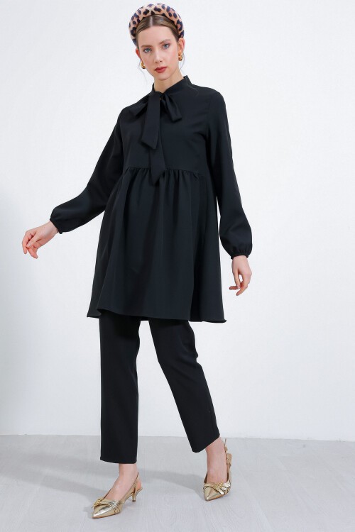 Merterium Kadın Siyah Örme Pantolon Tunik Alt Üst Takım 6654