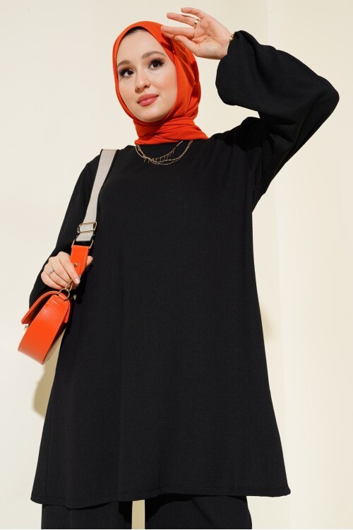 Merterium Kadın Siyah Tunik Pantolon Alt Üst Takım 6663