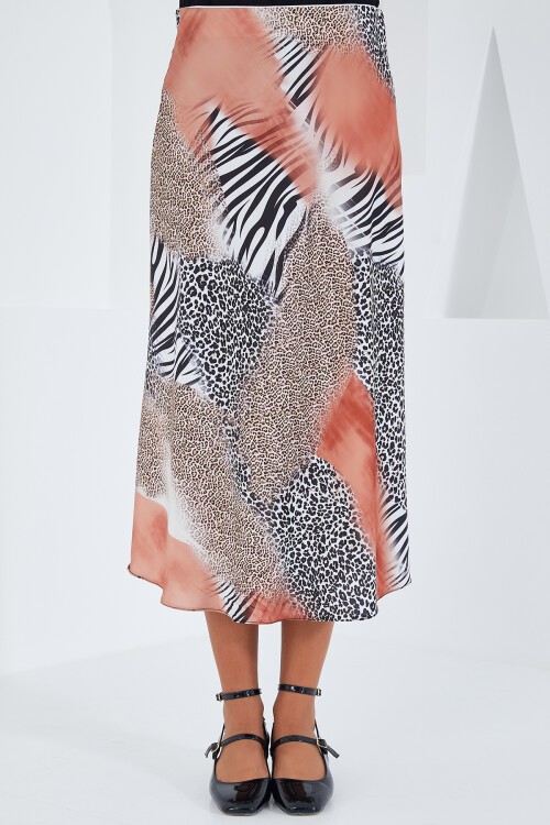 Merterium Kadın Somon Siyah Desenli Saten Etek 15806