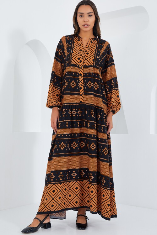 Merterium Kadın Taba Siyah Viskon Tesettür Elbise 2423