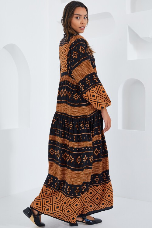 Merterium Kadın Taba Siyah Viskon Tesettür Elbise 2423