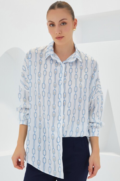 Merterium Kadın Turkuaz Beyaz Desenli Oversize Saten Gömlek 3985