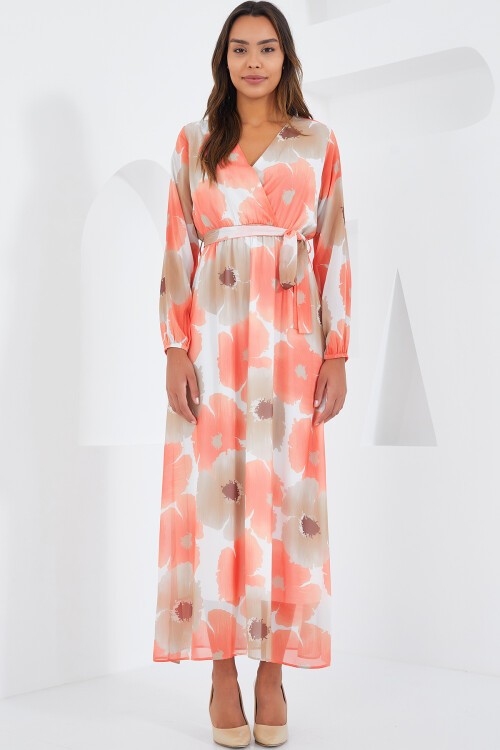 Merterium Kadın Turuncu Bej Çiçek Desenli Şifon Elbise 2134