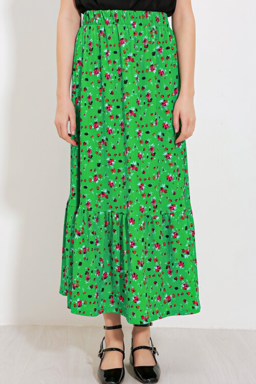 Merterium Kadın Yeşil Çiçek Desenli Uzun Örme Etek 1886
