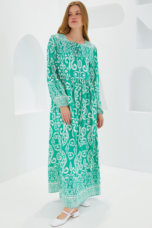 Merterium Kadın Yeşil Ekru Desenli Uzun Viskon Elbise 1947