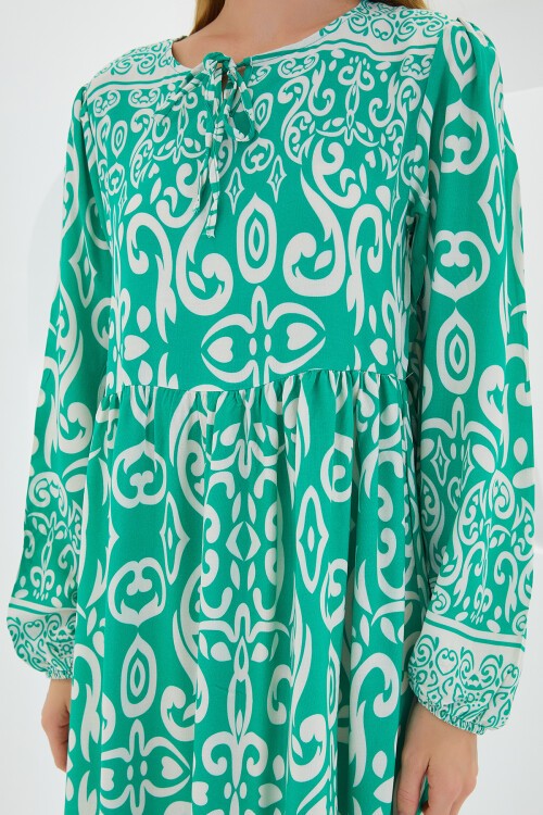 Merterium Kadın Yeşil Ekru Desenli Uzun Viskon Elbise 1947