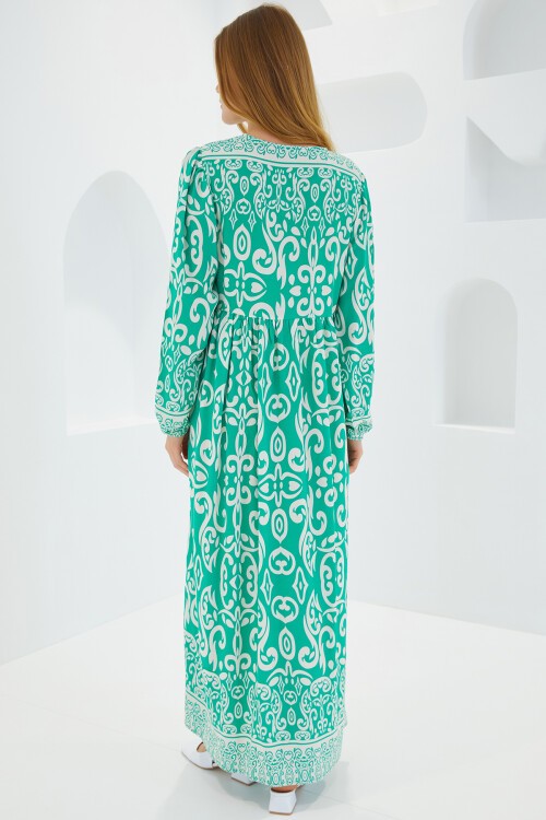 Merterium Kadın Yeşil Ekru Desenli Uzun Viskon Elbise 1947