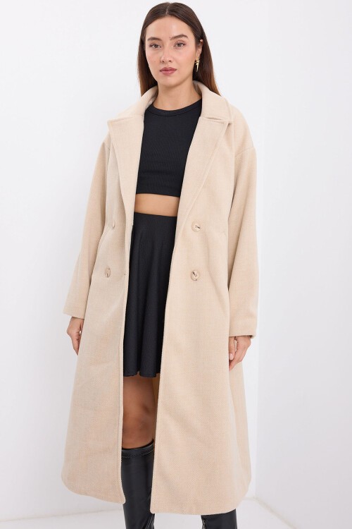 Merterium Krem Oversize Geniş Kesim Yünlü Uzun Kaşe Kaban 9113
