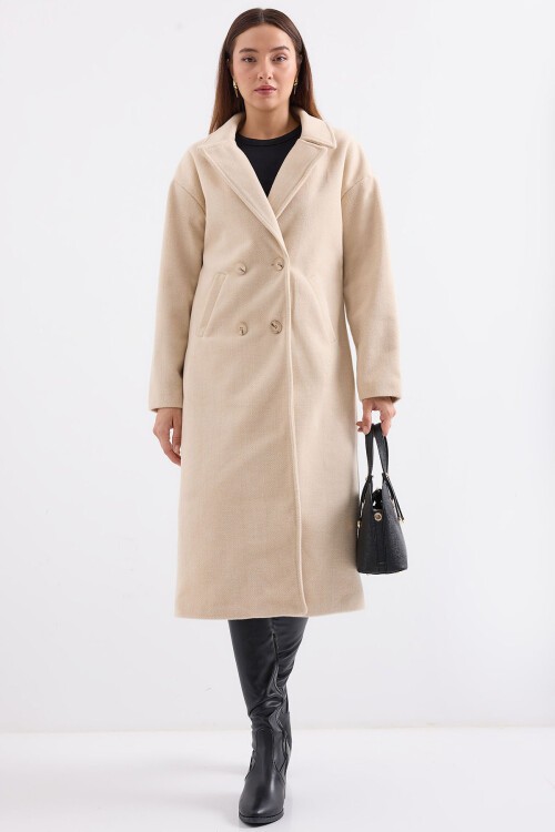 Merterium Krem Oversize Geniş Kesim Yünlü Uzun Kaşe Kaban 9113