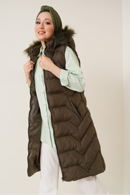 Merterium T10233 Kapüşonlu Uzun Tesettür Yelek - Haki