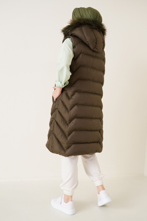 Merterium T10233 Kapüşonlu Uzun Tesettür Yelek - Haki