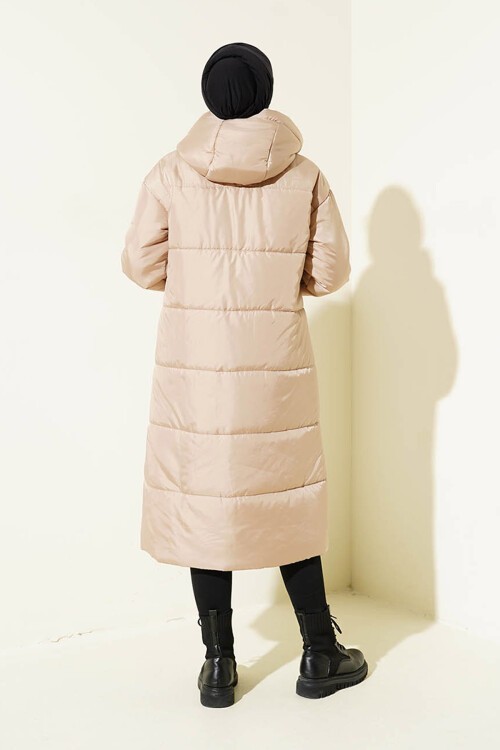 Merterium T5120 Kapşonlu Uzun Şişme Tesettür Mont - Vizon