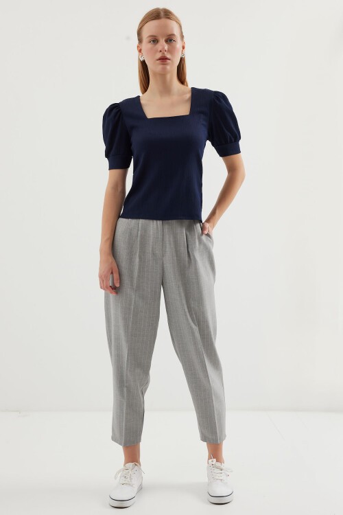 Merterium 0409 Kare Yaka Örme Bluz - Lacivert