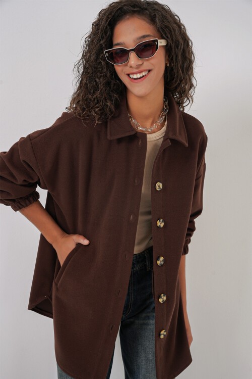 Merterium 0674 Cepli Oversize Gömlek - C. Kahverengi