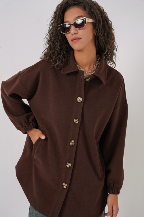 Merterium 0674 Cepli Oversize Gömlek - C. Kahverengi