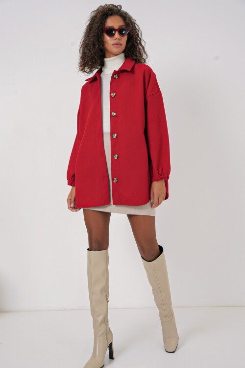 Merterium 0674 Cepli Oversize Gömlek - Kırmızı