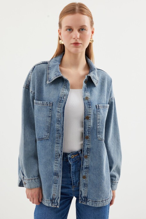 Merterium 0694 Çift Cepli Oversize Denim Ceket - Buz Mavi