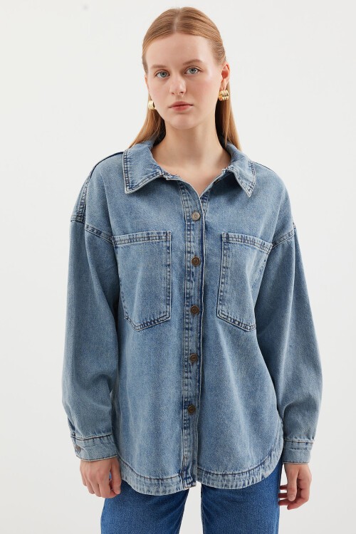 Merterium 0694 Çift Cepli Oversize Denim Ceket - Buz Mavi