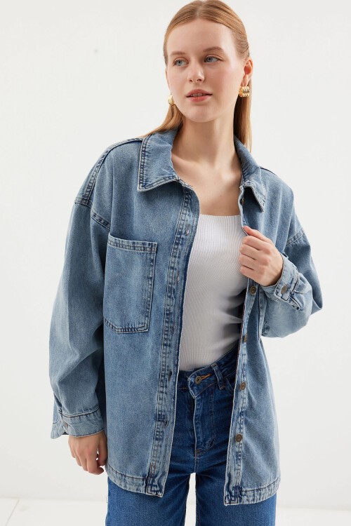 Merterium 0694 Çift Cepli Oversize Denim Ceket - Buz Mavi