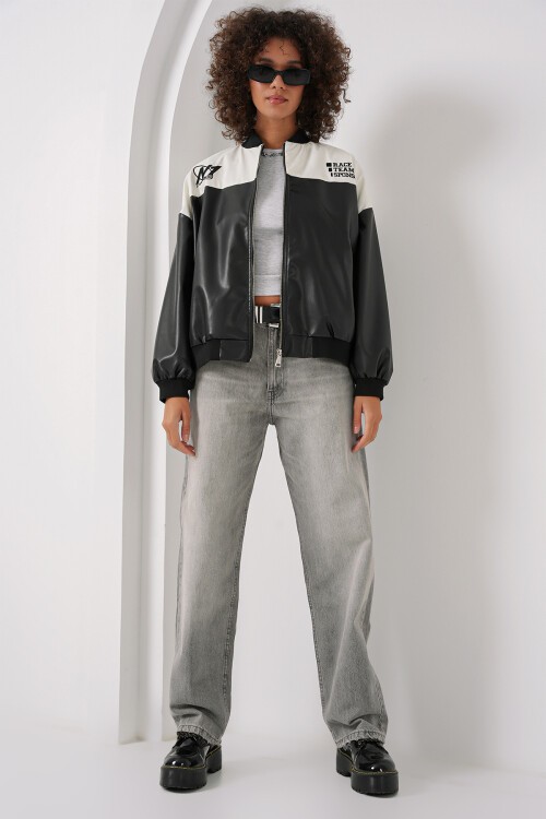 Merterium 0698 Baskılı Suni Deri Bomber Ceket - Beyaz