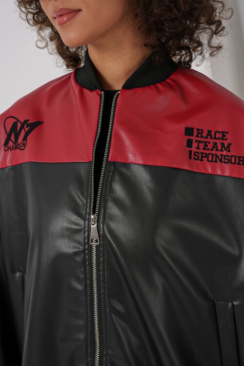 Merterium 0698 Baskılı Suni Deri Bomber Ceket - Bordo