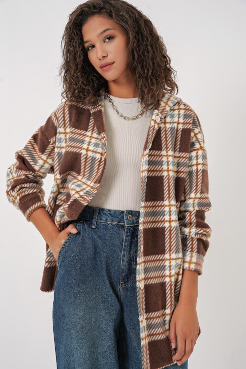 Merterium 0710 Kapüşonlu Oversize Gömlek - C. Kahverengi