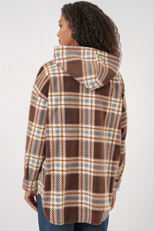 Merterium 0710 Kapüşonlu Oversize Gömlek - C. Kahverengi
