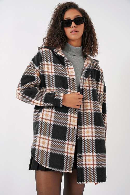 Merterium 0710 Kapüşonlu Oversize Gömlek - D. Siyah