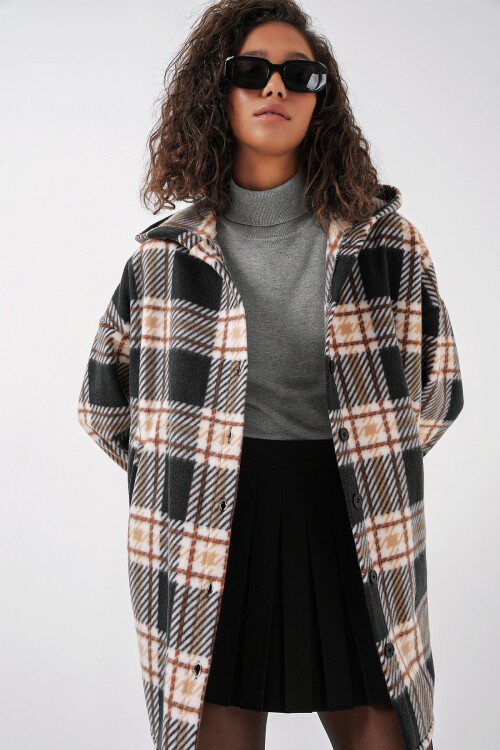 Merterium 0710 Kapüşonlu Oversize Gömlek - D. Siyah