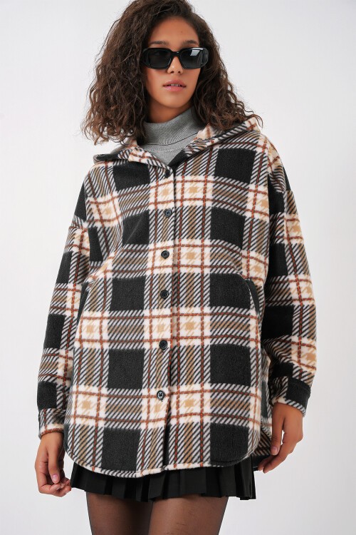 Merterium 0710 Kapüşonlu Oversize Gömlek - D. Siyah