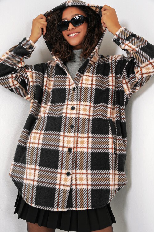 Merterium 0710 Kapüşonlu Oversize Gömlek - D. Siyah