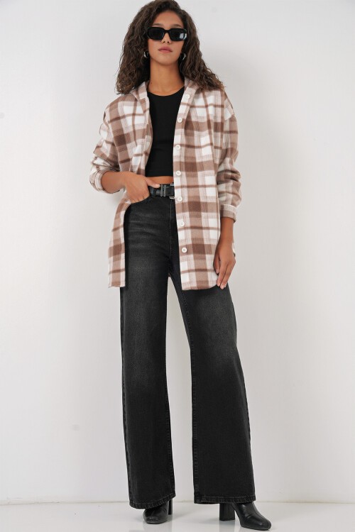 Merterium 0710 Kapüşonlu Oversize Gömlek - Kahverengi