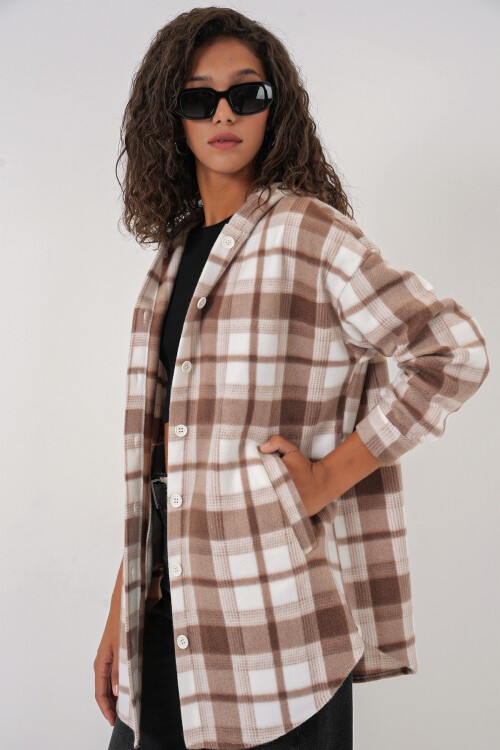 Merterium 0710 Kapüşonlu Oversize Gömlek - Kahverengi