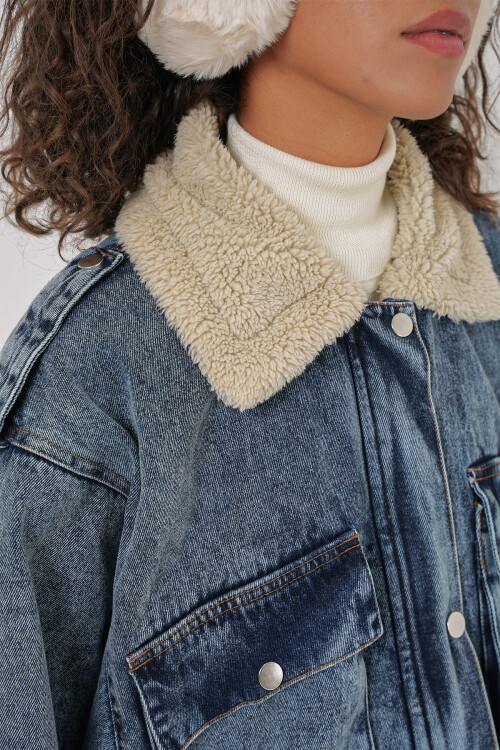 Merterium 0711 İçi Kürklü Kot Ceket - Mavi