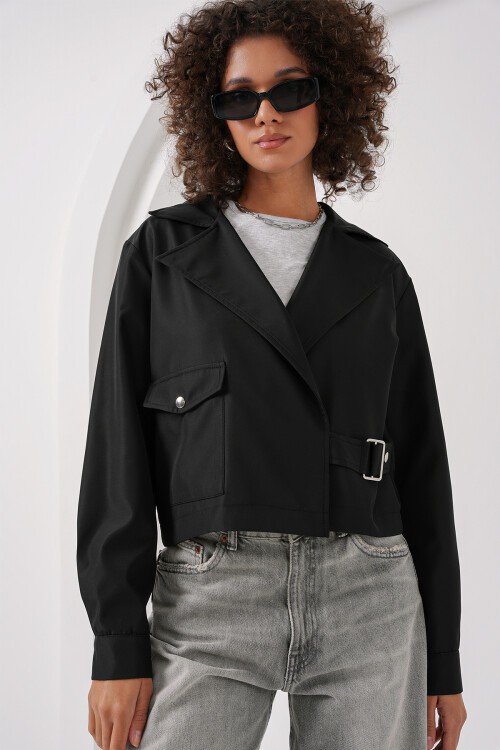 Merterium 0712 Kruvaze Yaka Kısa Trençkot - Siyah