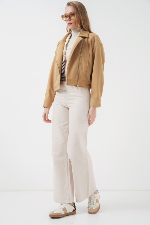 Merterium 0717 Kadın Kısa Kaşe Ceket - Bisküvi