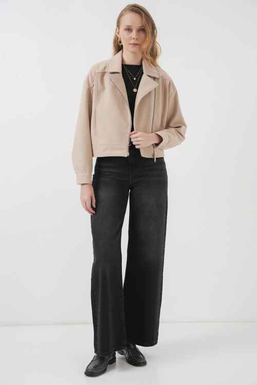 Merterium 0717 Kadın Kısa Kaşe Ceket - Taş