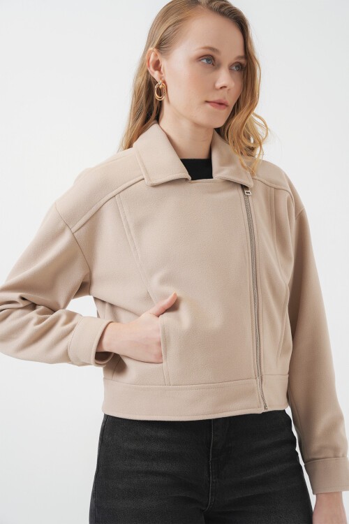 Merterium 0717 Kadın Kısa Kaşe Ceket - Taş