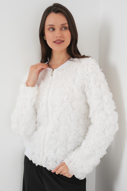 Merterium 0719 Güllü Ceket - Beyaz