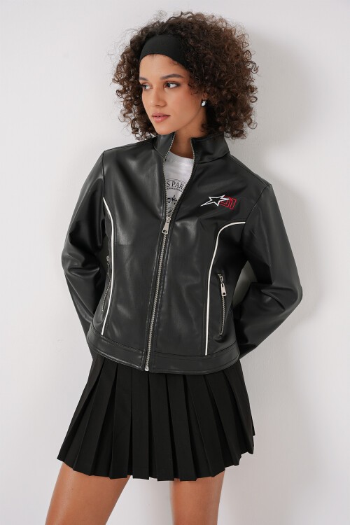 Merterium 1041 Dik Yaka Suni Deri Ceket - Siyah