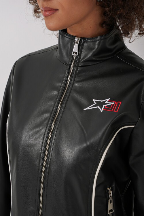 Merterium 1041 Dik Yaka Suni Deri Ceket - Siyah