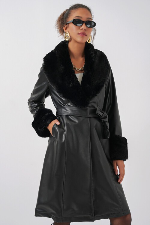 Merterium 1045 Kürklü Suni Deri Kaban - Siyah