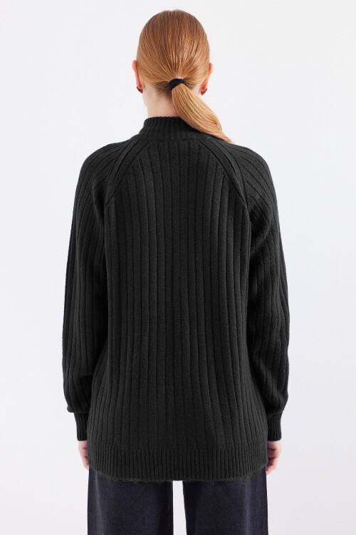 Merterium 15880 Fermuarlı Triko Hırka - Siyah