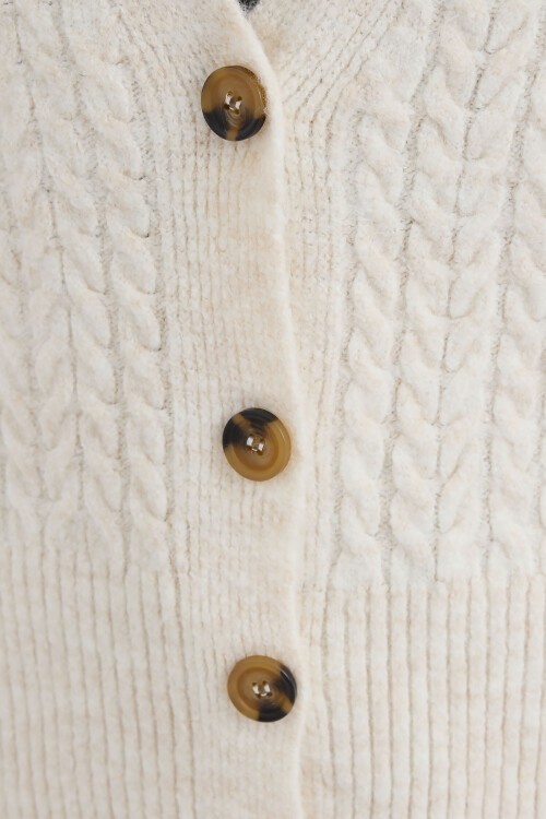 Merterium 15885 Örgülü Oversize Triko Hırka - Ekru