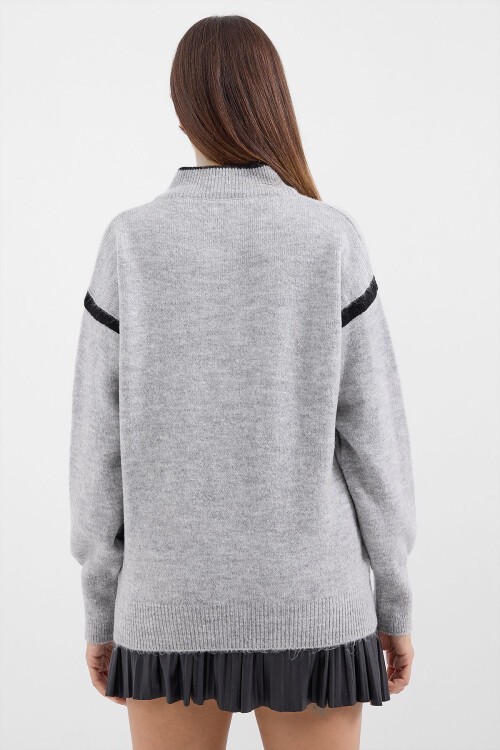 Merterium 15888 Fermuarlı Oversize Kazak - Gri