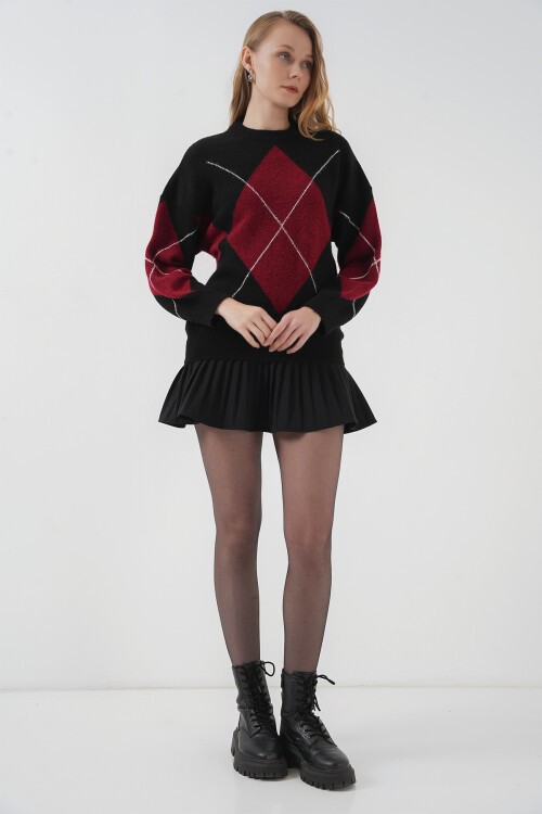 Merterium 15895 Baklava Desenli Oversize Triko Kazak - D. Siyah