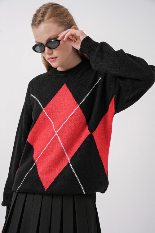 Merterium 15895 Baklava Desenli Oversize Triko Kazak - Siyah